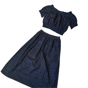 Women’s J. Crew Black Eyelet Lace Outfit Skirt Off the Shoulder Top Set Size XS
